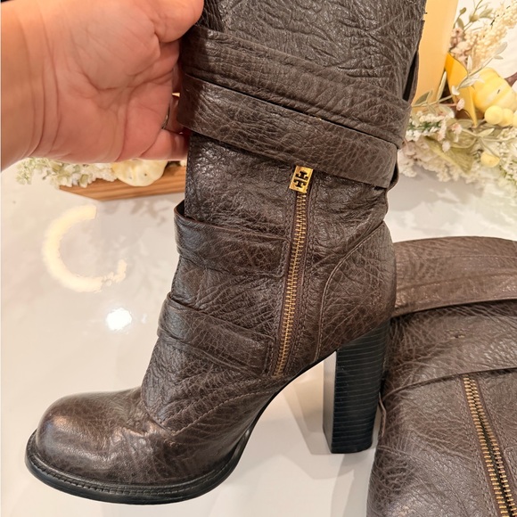 Tory Burch Dark Brown Heeled Boots with Gold Buckles - Picture 3 of 6